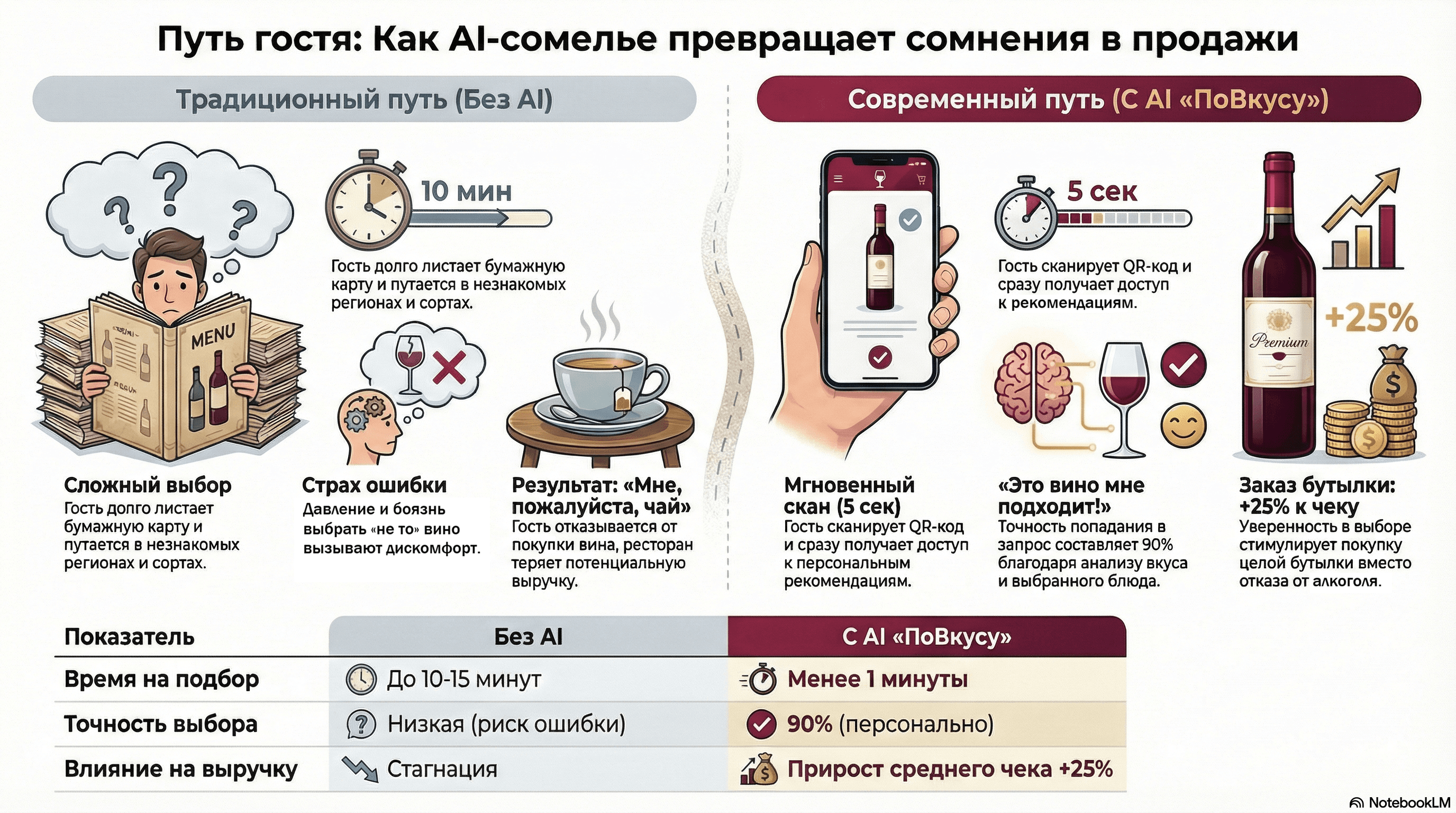 Путь гостя: без AI — долгий выбор и отказ; с AI ПоВкусу — скан QR, точный подбор, заказ бутылки и +25% к чеку